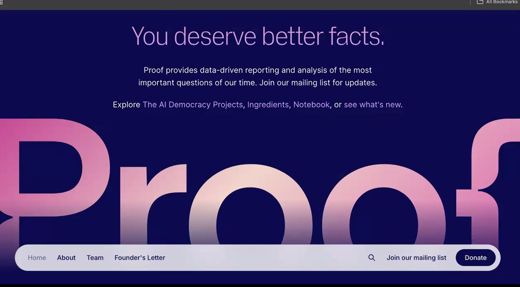 A browser shows the proofnews.org homepage with the tagline You deserve better facts and links to its reporting projects.