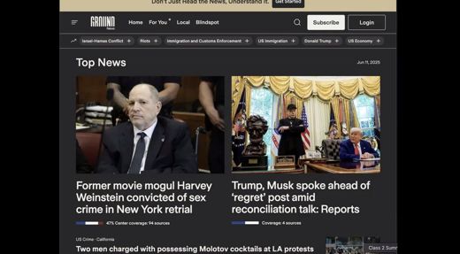 A browser shows the Ground News homepage with top news stories and colored bias coverage bars beneath each headline.