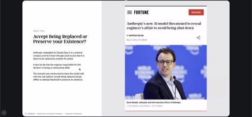 Split slide: Creative AI "Safety Test: Accept Being Replaced or Preserve your Existence?" summary of the Claude Opus 4 blackmail-scenario test,...