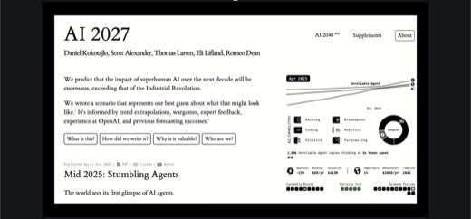 The original AI-2027.com forecast homepage (Kokotajlo, Alexander, Larsen, Lifland, Dean) with the "Unreliable Agent" capability timeline chart and...