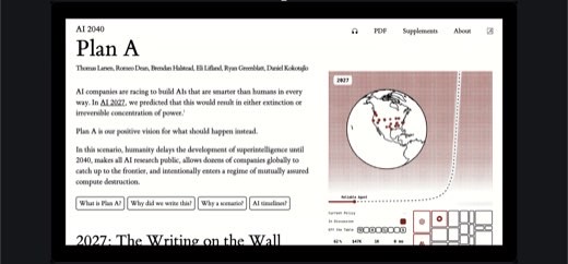 AI-2027.com "Plan A" page shown again (same content as 8:52:23/8:52:27), captured ~20 seconds later during continued discussion.
