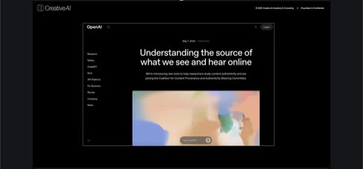 OpenAI blog post "Understanding the source of what we see and hear online" (May 7, 2024): new tools for content authenticity and joining the C2PA...
