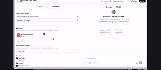 Screenshot of the Configure tab showing Knowledge, Recommended Model, and Capabilities fields with settings filled in.