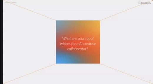 Slide with a picture-frame/spotlight graphic (orange-to-blue gradient panel) asking "What are your top 3 wishes for a AI creative collaborator?";...
