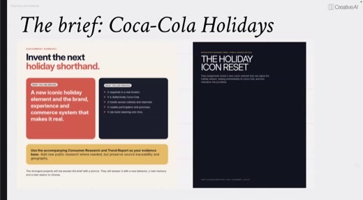 Slide "The brief: Coca-Cola Holidays" showing two brief documents side by side: "Invent the next holiday shorthand" assignment summary (what...