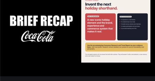Sharon's slide "BRIEF RECAP" with Coca-Cola logo, next to an "ASSIGNMENT SUMMARY" slide titled "Invent the next holiday shorthand," recapping the...