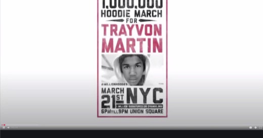 Video paused/playing mid-case-study: poster reading "1,000,000 HOODIE MARCH FOR TRAYVON MARTIN, #MILLIONHOODIES, MARCH 21ST NYC, 6PM TILL 9PM...