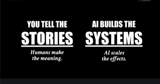 Sharon's slide: "YOU TELL THE STORIES / Humans make the meaning." next to "AI BUILDS THE SYSTEMS / AI scales the effects."
