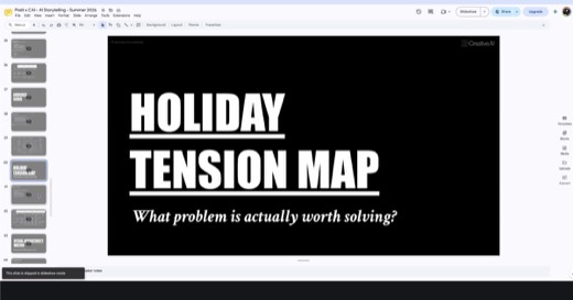 **PROMPT SLIDE.** Sharon's deck in Google Slides editing view, slide panel showing upcoming slides (Audience Remix, Holiday Tension Map, Ritual...