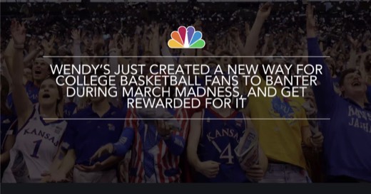 Sharon's example slide styled as an NBC News headline over a crowd of Kansas basketball fans: "WENDY'S JUST CREATED A NEW WAY FOR COLLEGE...