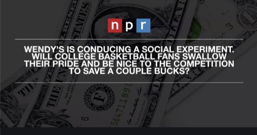 Sharon's example slide styled as an NPR headline over a dollar-bill photo: "WENDY'S IS CONDUCING A SOCIAL EXPERIMENT. WILL COLLEGE BASKETBALL FANS...