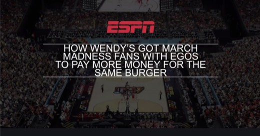Sharon's example slide styled as an ESPN headline over a basketball-arena photo: "HOW WENDY'S GOT MARCH MADNESS FANS WITH EGOS TO PAY MORE MONEY...