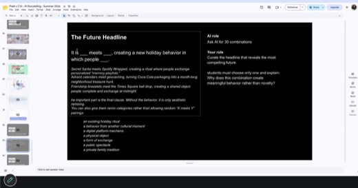 **PROMPT SLIDE.** Sharon's "The Future Headline" ad-lib slide, full text: "It is ___ meets ___, creating a new holiday behavior in which people...