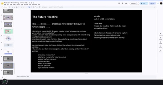 Same "The Future Headline" ad-lib slide as above, held on screen (Sharon still discussing it; chat panel repeats the pasted Future Headlines...