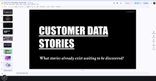 **PROMPT SLIDE.** Sharon's "CUSTOMER DATA STORIES" title slide with prompt: "What stories already exist waiting to be discovered?" (slide panel...