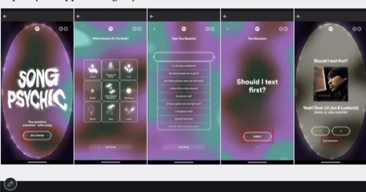 Sharon's "Spotify Wrapped: Song Psychic" example slide, showing 5 phone-app mockup screens of a Spotify "Song Psychic" feature (Get Started,...