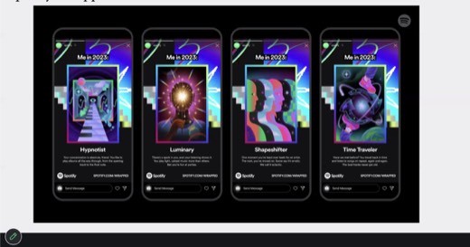 Sharon's "Spotify Wrapped: Personas" example slide, showing 4 Spotify Wrapped persona-card mockups: Hypnotist, Luminary, Shapeshifter, Time Traveler.