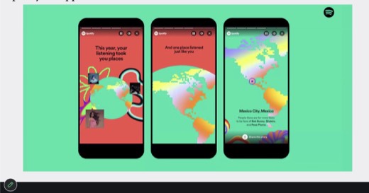 Sharon's "Spotify Wrapped: Sound Town" example slide, showing 3 phone-app mockup screens ("This year, your listening took you places" / "And one...