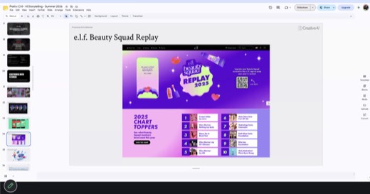 Sharon's slide "e.l.f. Beauty Squad Replay" with a screenshot of the e.l.f. Beauty Squad Replay 2025 web page and "2025 Chart Toppers" product...