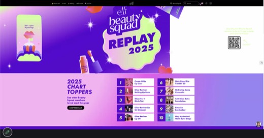 Live view of the real elfcosmetics.com "Beauty Squad Replay 2025" page in browser, showing the same "2025 Chart Toppers" 1-10 product list (Cream...