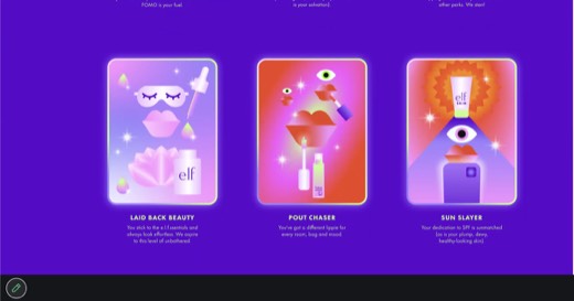 Same elfcosmetics.com page scrolled to show 3 more persona cards: "LAID BACK BEAUTY," "POUT CHASER," "SUN SLAYER," each with an illustrated icon...