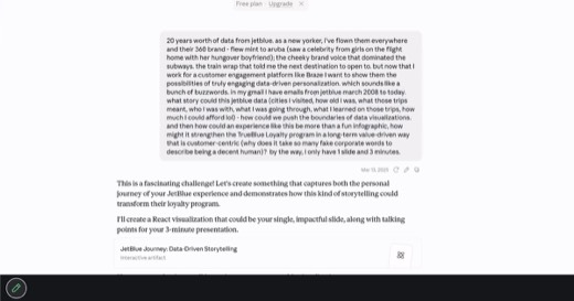 Browser tab "Humanizing JetBlue's Loyalty..." showing a Claude.ai chat: a longer, more personal version of the JetBlue prompt (New Yorker, 20...