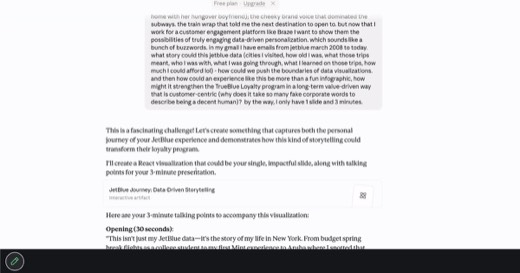 Same Claude.ai chat scrolled down, showing the AI's "3-minute talking points" response beginning with "Opening (30 seconds): This isn't just my...