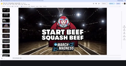 Sharon revisits the "Start Beef Squash Beef" Wendy's/NCAA March Madness example slide (slide 14, same content as item 23) during recap/Q&A.
