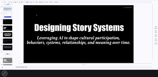 Sharon revisits the "Designing Story Systems" title slide (slide 32); slide panel shows upcoming slides including 33 "Appendix" and 34 "Ritual...